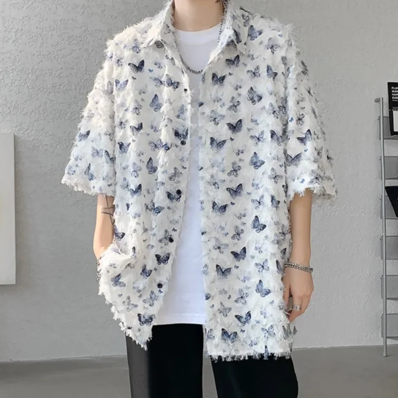 

Summer Butterfly Tassel Splice Shirt Men Loose Casual Short Sleeve Shirts Women Oversize Streetwear Boy Girl Blouses White