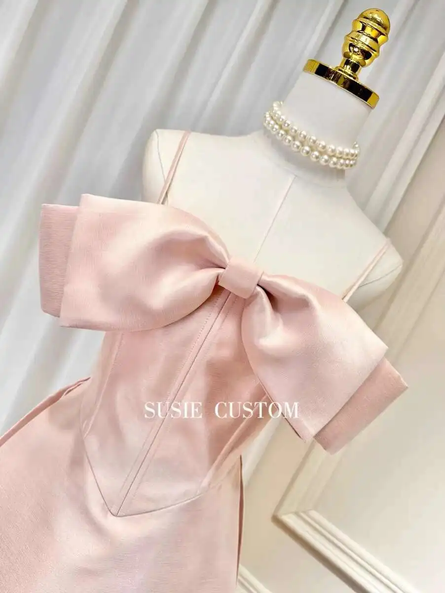 فستان حفلة موسيقية قصير بفيونكة كبيرة للصيف والخريف للنساء بأشرطة مثيرة ورقبة مائلة بدون ظهر للحفلات المسائية باللون الوردي #3