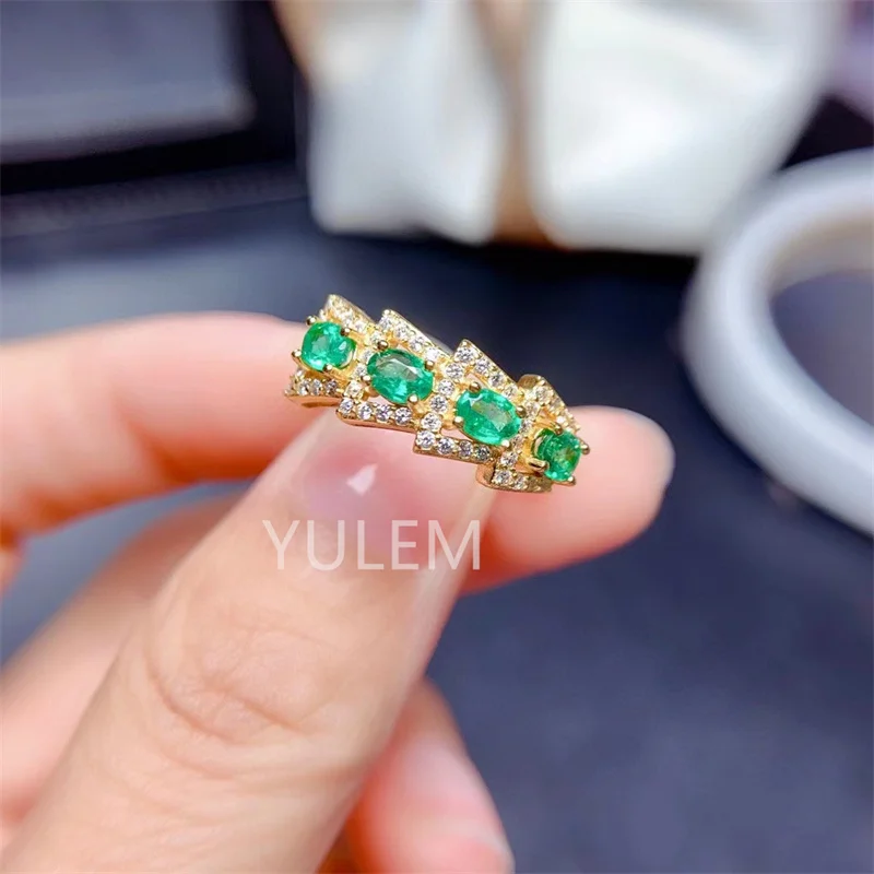 

YULEM AAAA Natural Colombia Emerald Women's Ring 925 Sterling Silver Gift 3*4MM for Daily Wear