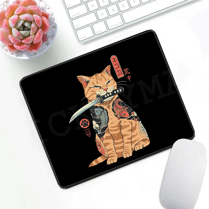 

Small Gaming Mousepads Kawaii Black Mouse Pad Samurai Cat Computer Mousepad Mouse Mat Cute Desk Pads 25x20cm