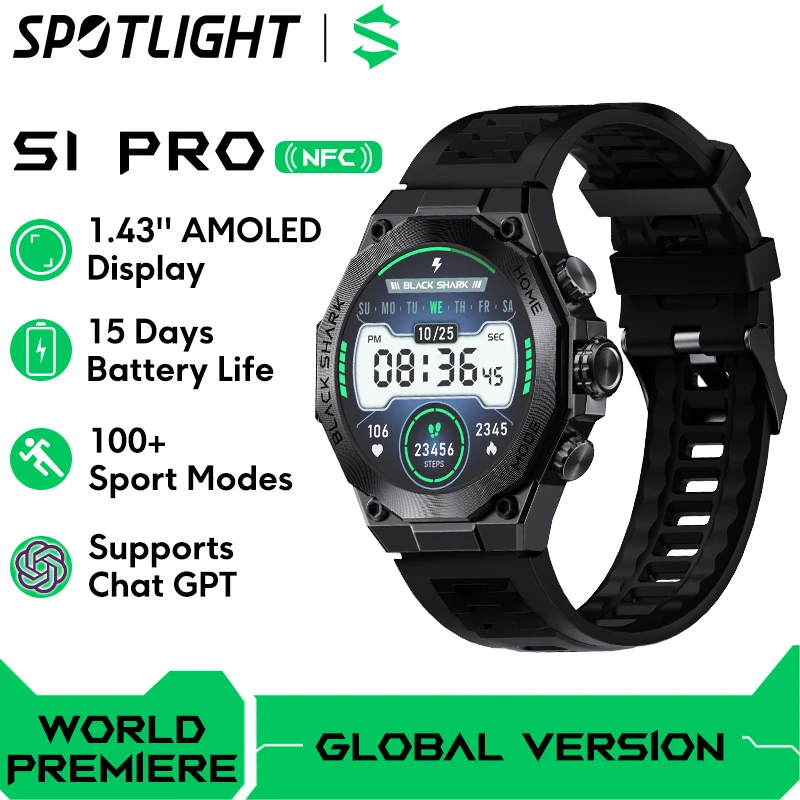 [World Premiere] Global Version Black Shark S1 Pro Smart watch Wireless Charging 15 Days Battery Life NFC Chat GPT 1.43'' AMOLED