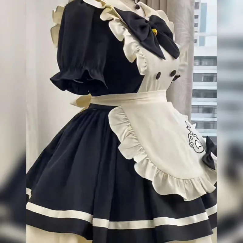 Bow Kawaii Lolita Maid Dress With Apron Paw Print Japanese Style Soft Girl Cosplay Outfit Short Sleeve Sweet Anime Costume New