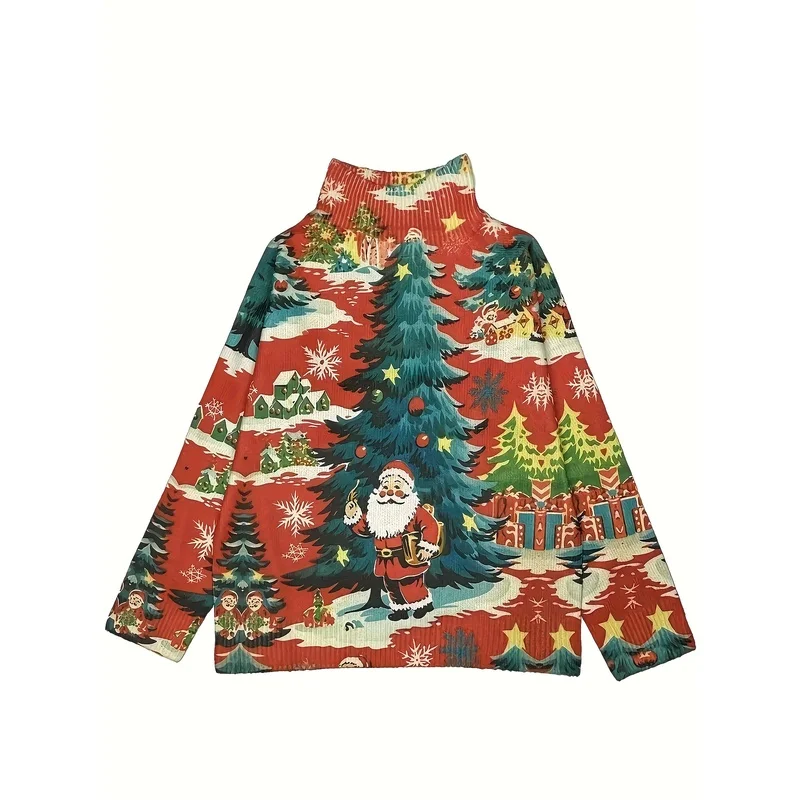 High Quality Women Turtleneck Knit Sweater Santa Tree Print Long Sleeve Warm Autumn Winter Casual Fashion Jumper Top Wear