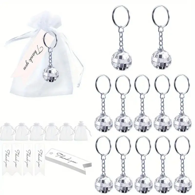 

ABKJ-12 Pcs Mirror Disco Ball Keychain With Drawstring Sheer Organza Bags Thank You Tags 70S Accessories Disco Party Favor