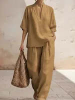 Fashion Cotton Linen Pant Set Women's Casual Stand Collar Button Top Wide Leg Trousers 2-piece Set Retro Female Office Suit 2026 - Image 5