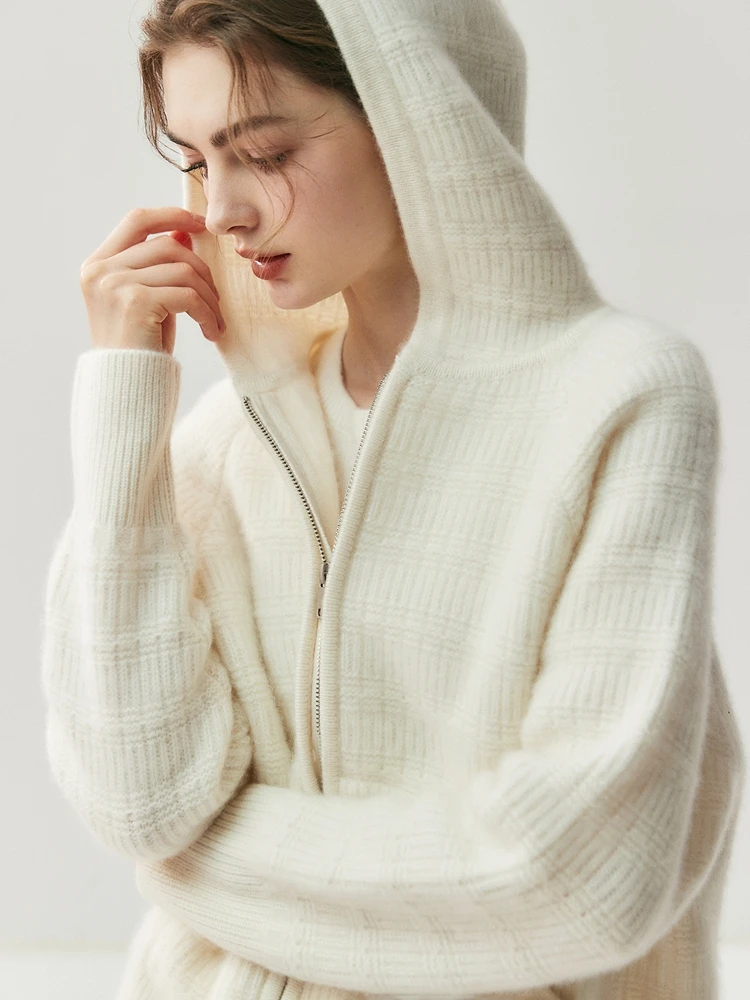 

CHICUU Women 100% Cashmere Sweater Hoodie Zipper Thick Cardigan Coat Luxury Design Casual Style Autumn Winter Clothes Cashmere