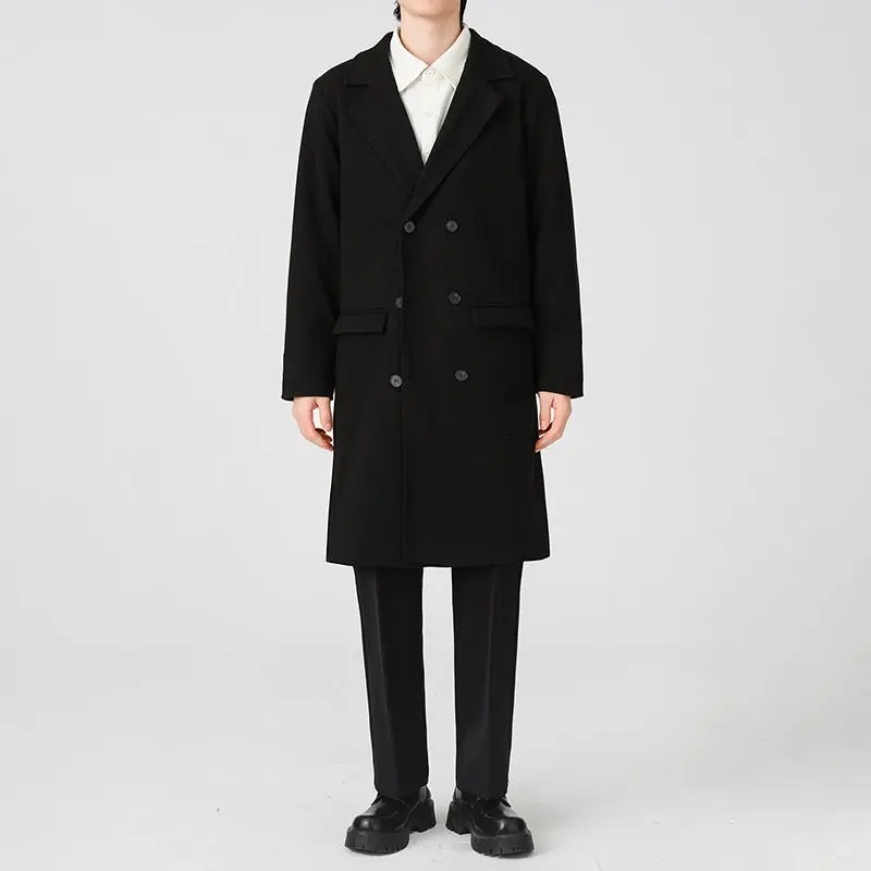 

Double-Button Men's Ultra-Long Over-Knee Autumn Winter Woolen Coat High Waistline Briti Sle Faionable Midi-Length Trenc...