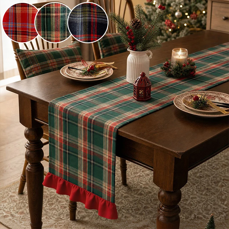 1pc American retro contrast flounced table runner Christmas atmosphere decoration, suitable for living room holiday parties.