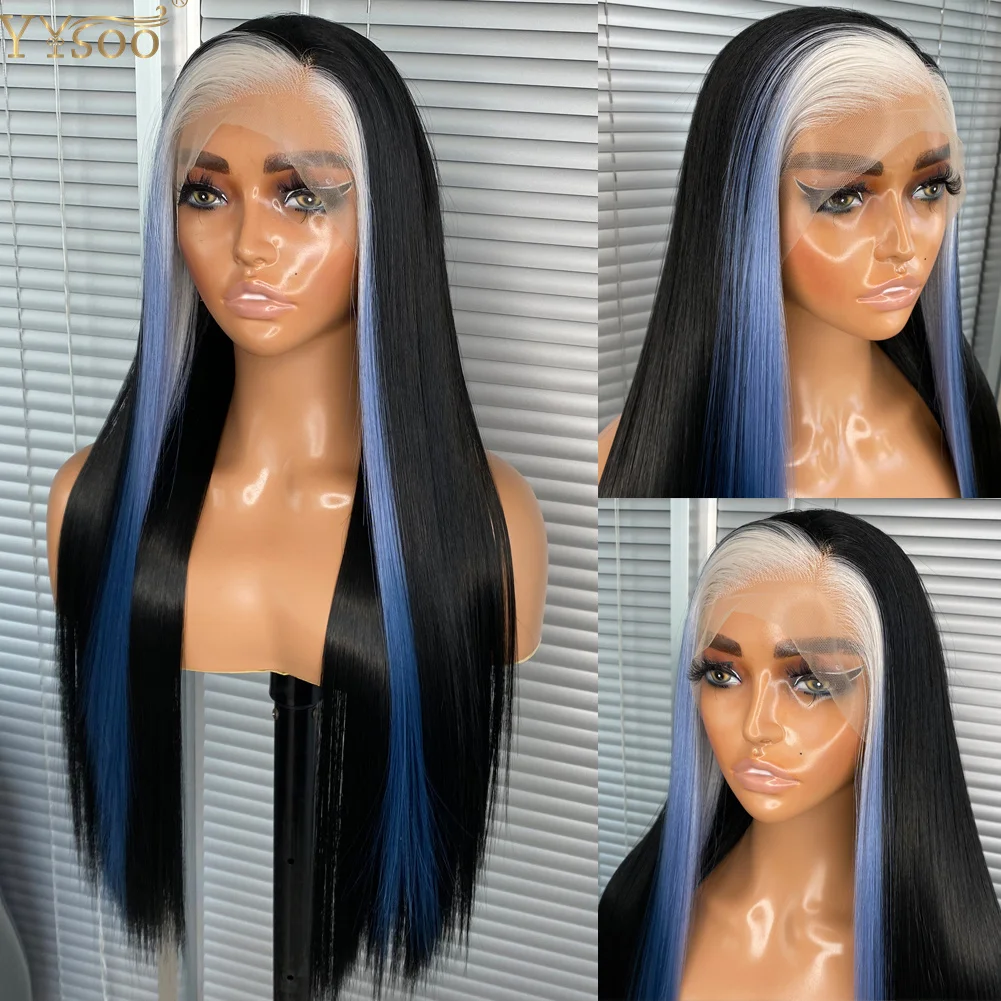 Long Black/Blue Silky Straight Highlights 13x4 Futura Synthetic Lace Front Wig Natural Hairline Glueless Half Hand Tied Wig