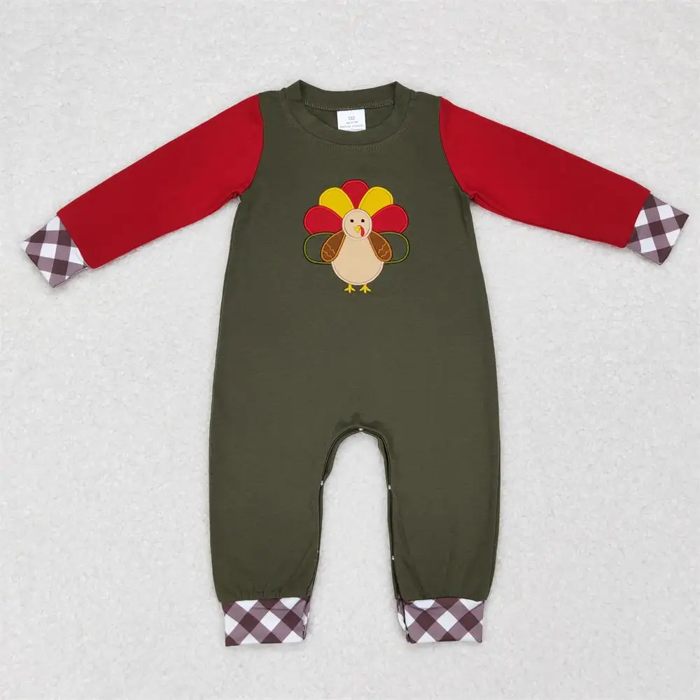 Wholesale Kids Toddler Thanksgiving Long Sleeves Cotton Jumpsuit Baby Boy Embroidery turkey Snap Button Newborn Children Romper