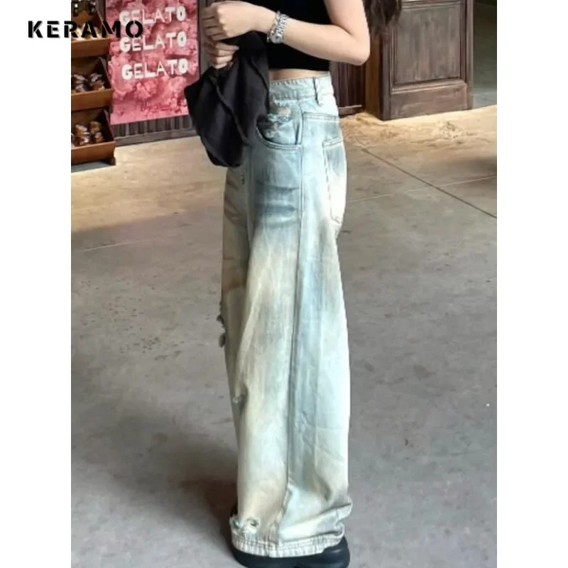 Calça feminina lavada casual rasgada, calça jeans vintage, rua alta, retrô, cintura alta, na moda, folgada, anos 2000, Y2K