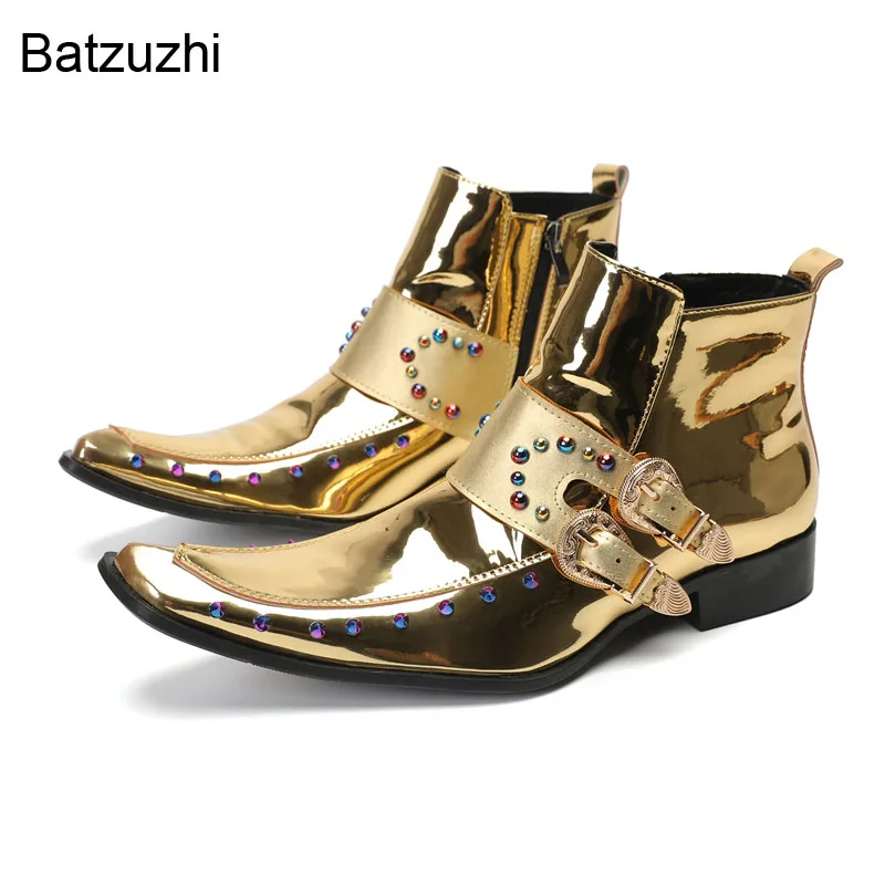 Batzuzhi New Handmade Men's Boots Rock Personality Golden Leather Ankle Boots for Men Zip Buckle Belt Party/Wedding Botas!