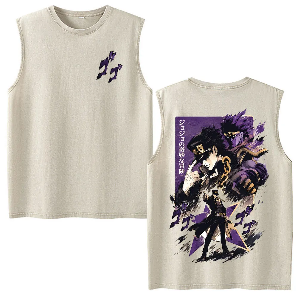 Anime JoJo Bizarre Adventure Kujo Jotaro Vintage Washed Tank Tops Tees Men Women Clothing Fashion Retro Sleeveless Vest T-shirts