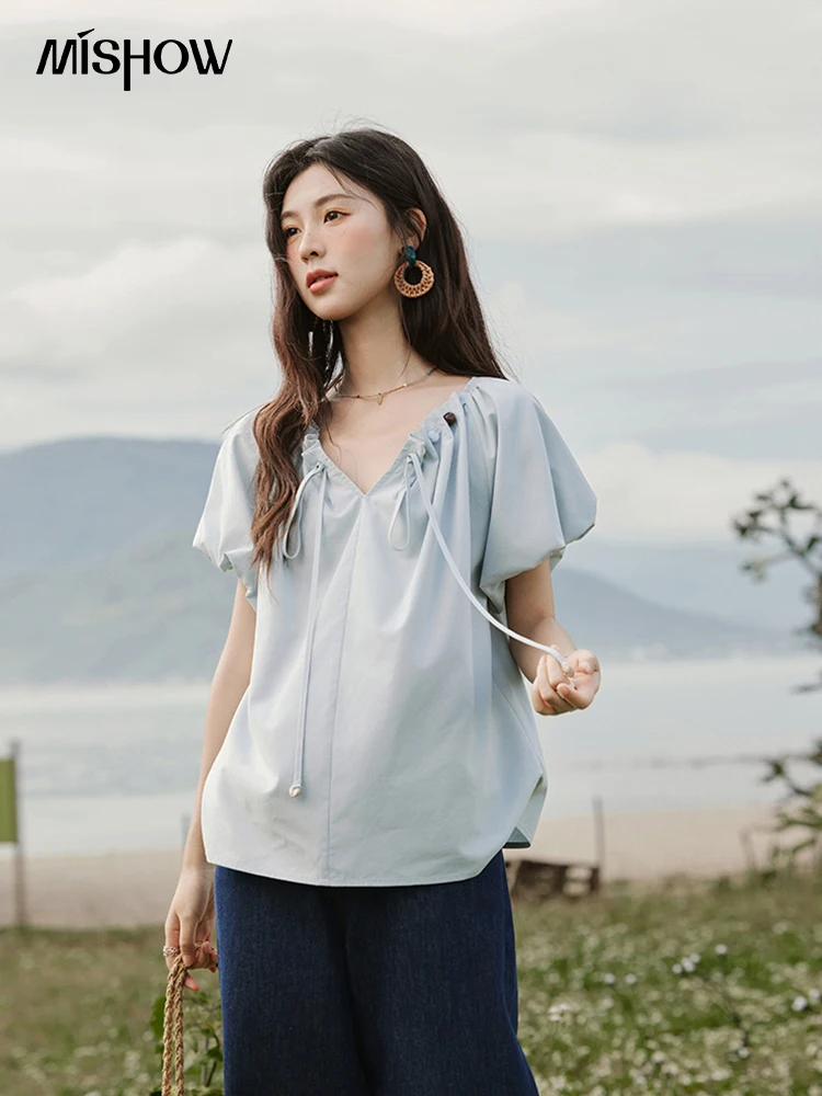 MISHOW Solid French Summer Blouses Woman 2025 New Short Puff Sleeve V-neck Beaded Retro Shirts Women Fashion Tops MXE33X1757