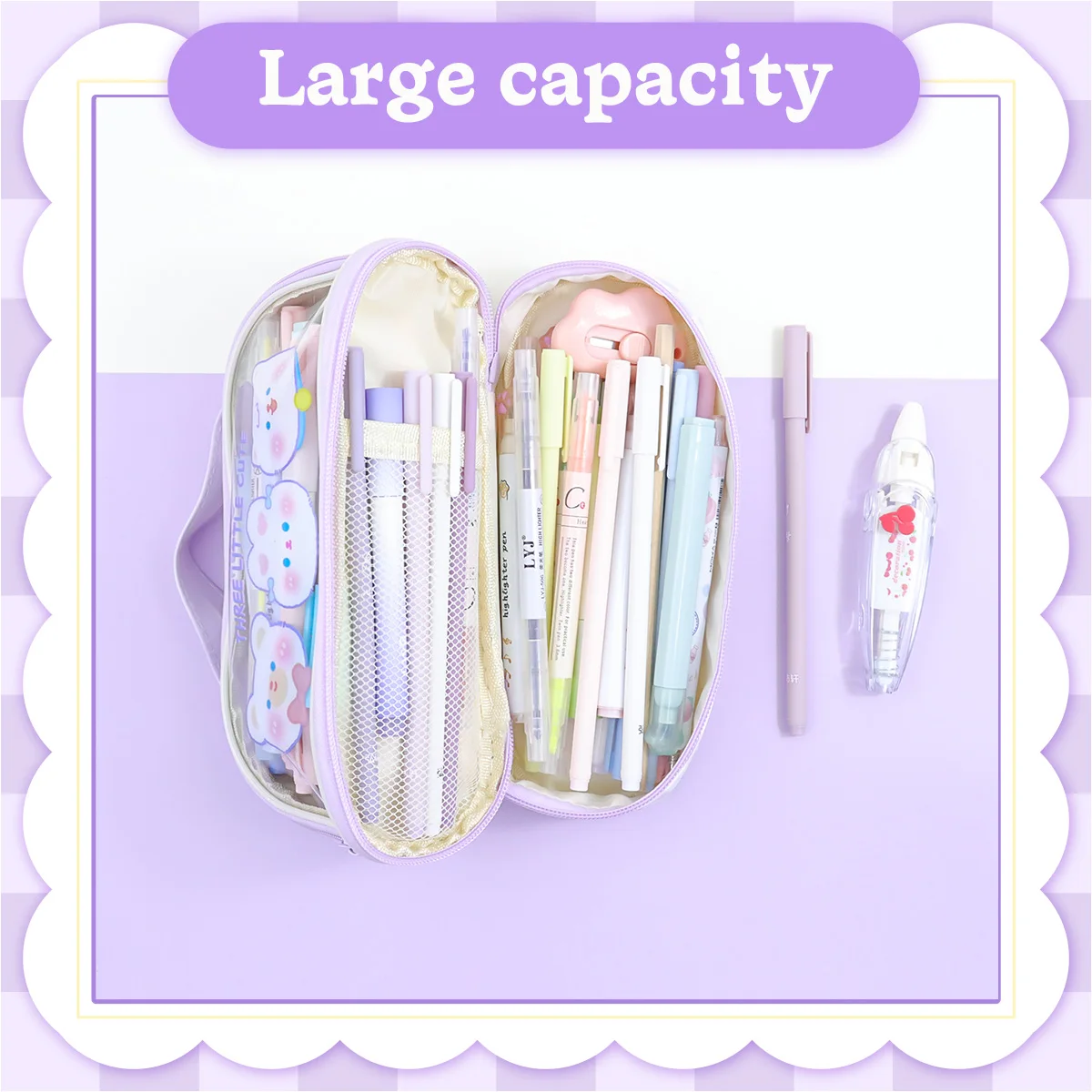 Kawaii Pencil Case Double Layer Large Capacity Pen Bag Cartoon Portable Box School Student Supplies Stationary Organizer