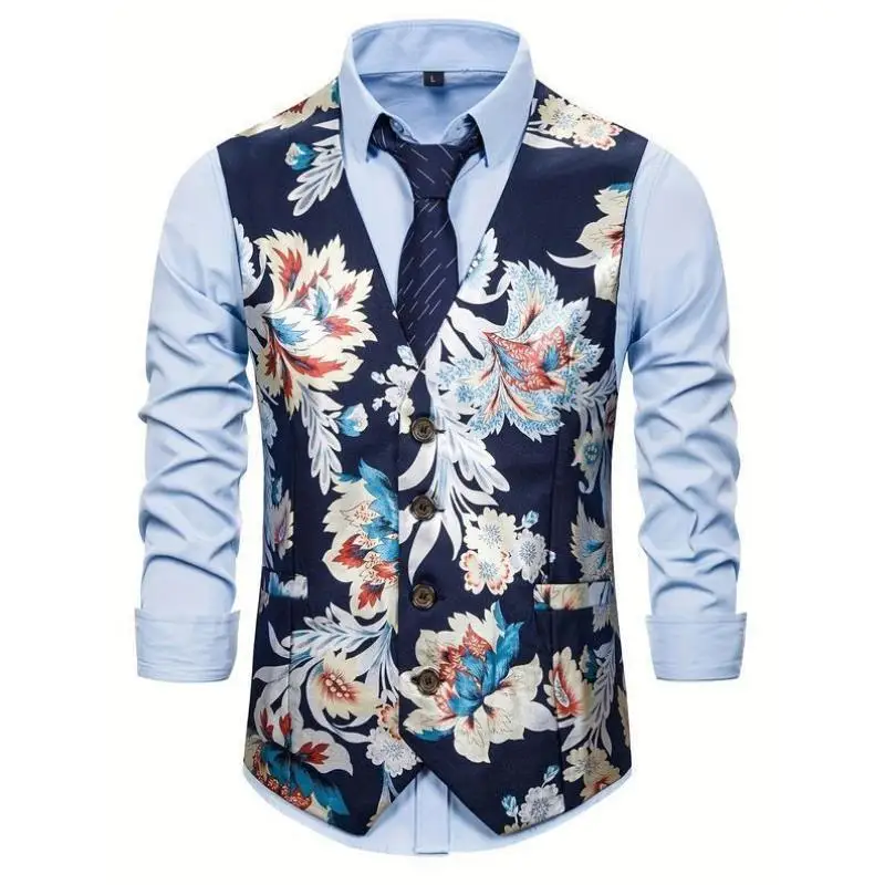 

Casual Floral Print Men's Suiting Woven Jaet Double Slit Ba Thiened Summer Spring Pure Color Turn-down Collar Seven Sve