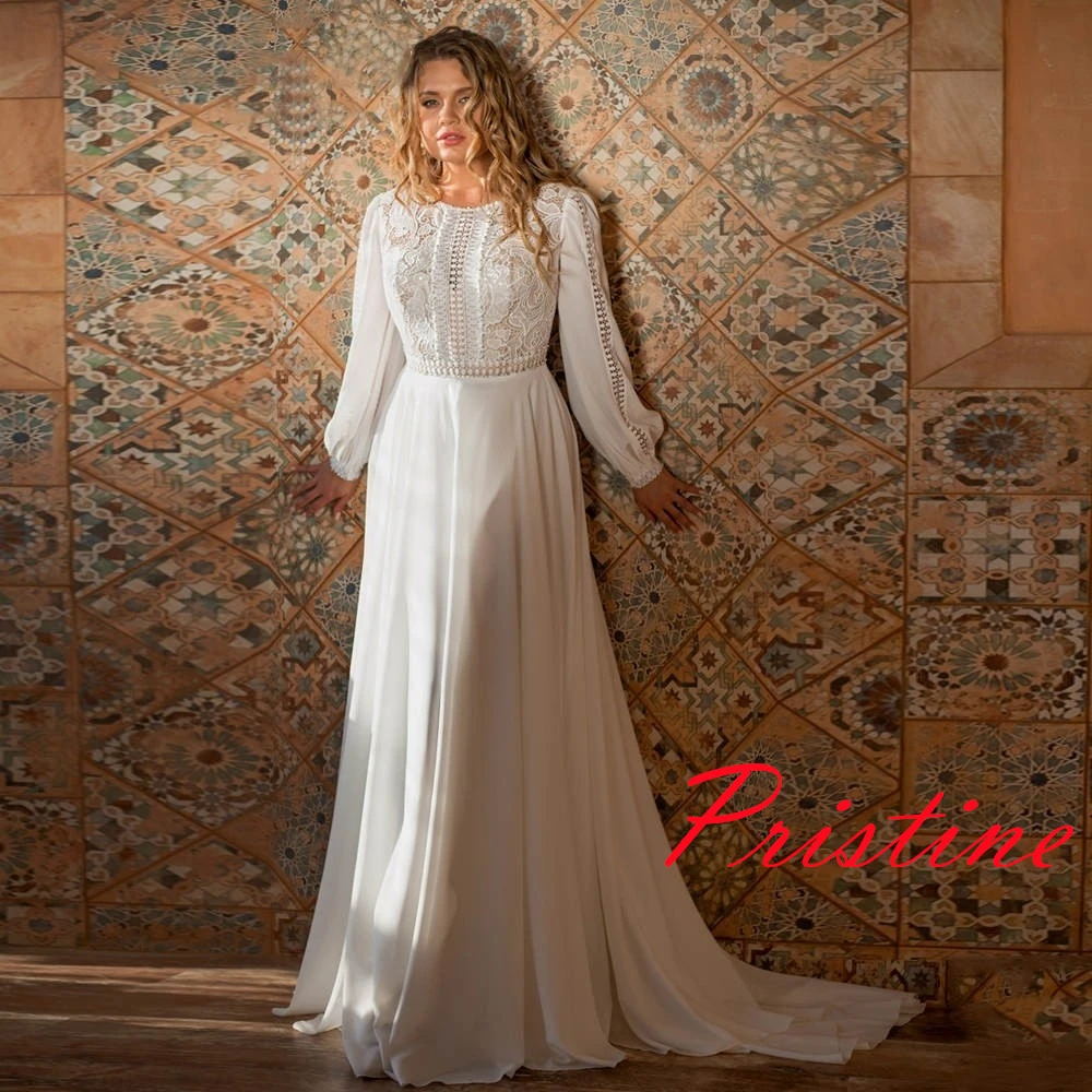 カスタマイズされた白ジャージブライダルドレス気質クルーネック長袖ウェディングドレスチャペルトレインジッパーバックドレス