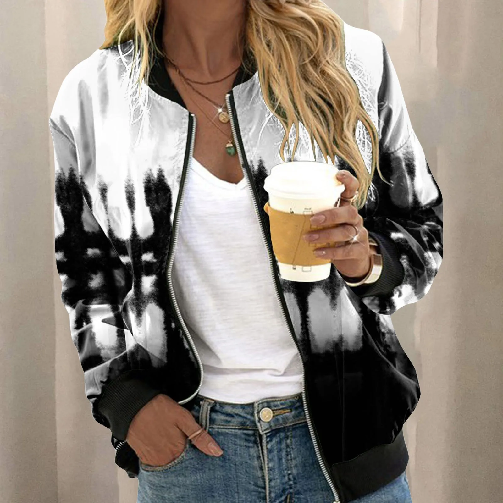 Women\'s Baseball Jacket Vintage  Print Cropped Bomber Jackets Lightweight Slim Fit Zip Up Outerwear Spring Short Coats