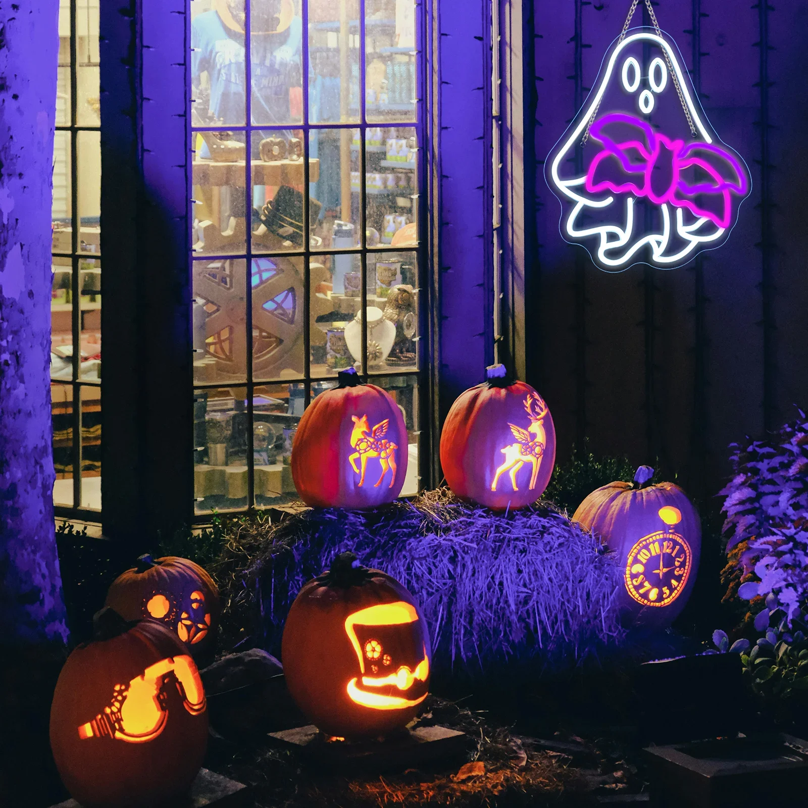 Funny Spooky Ghost Bat Led Light Up Sign Wall Decor for Halloween Dimmable Spooky Window Club Party Bar Shop