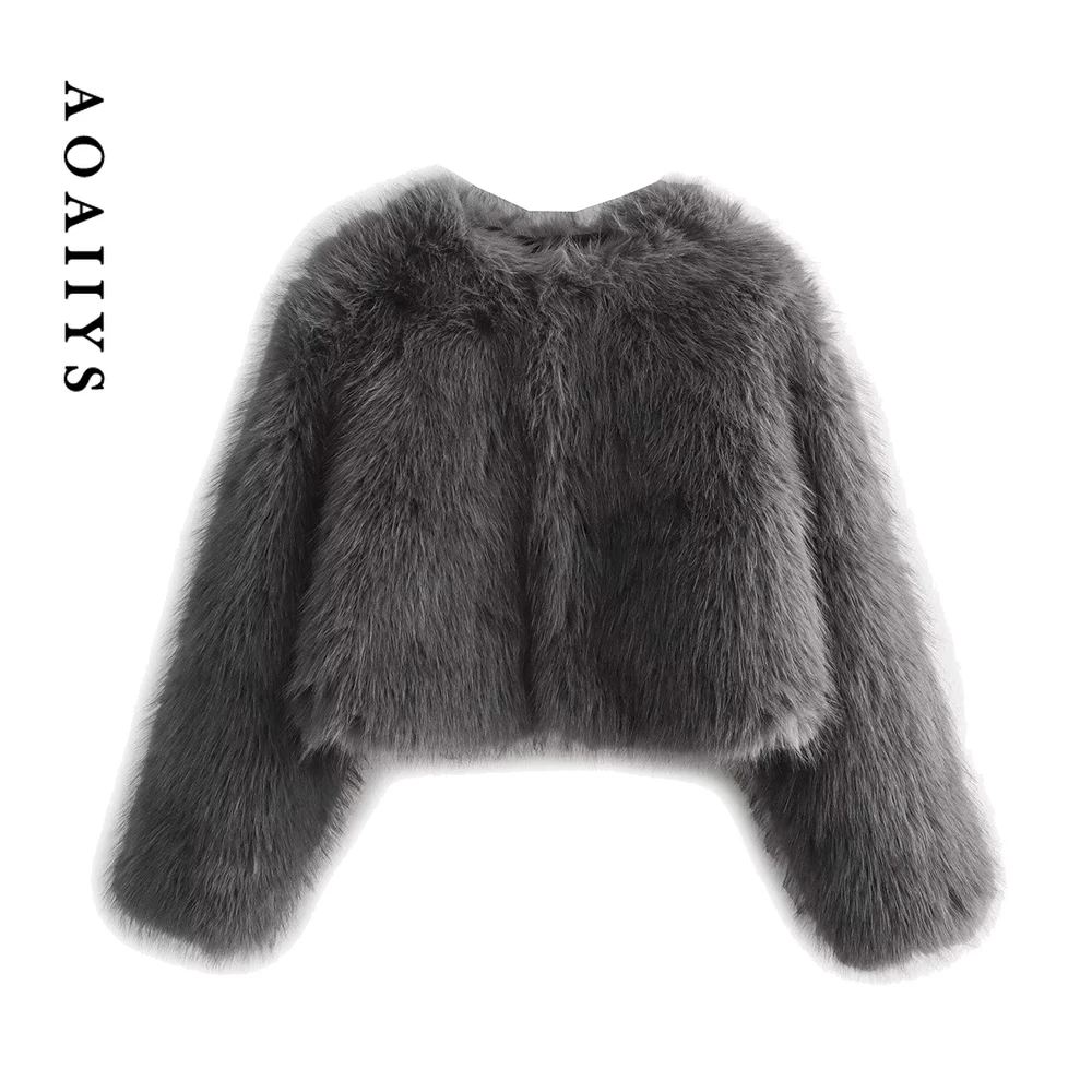 Aoaiiys Faux Fur Jacket for Women Coats Grey O-Neck Long Sleeve Autumn Winter Warm Outerwears French New Fashion Elegant Jackets