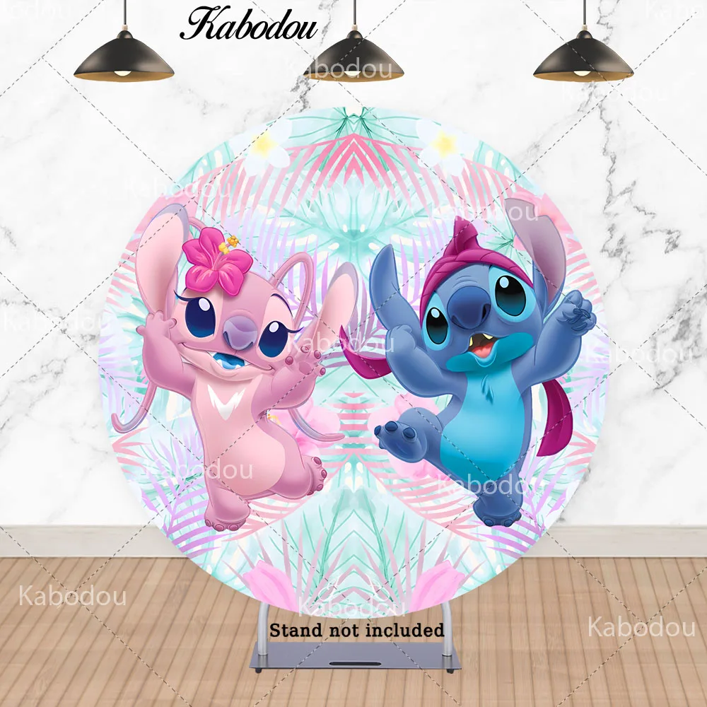 Stitch & Angel Circle Photo Backdrop Kids Birthday Baby Shower Disney Pink & Blue Round Photography Background Cylinder Covers