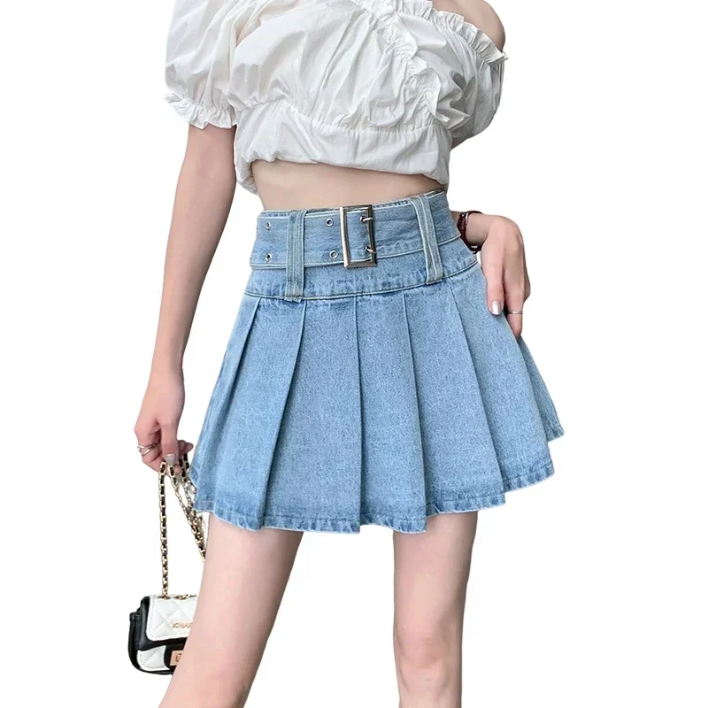 İlkbahar yaz yeni yüksek bel kadın Denim kısa etekler kuşaklı kot etekler kadın pileli seksi Mini etek Y2k etek