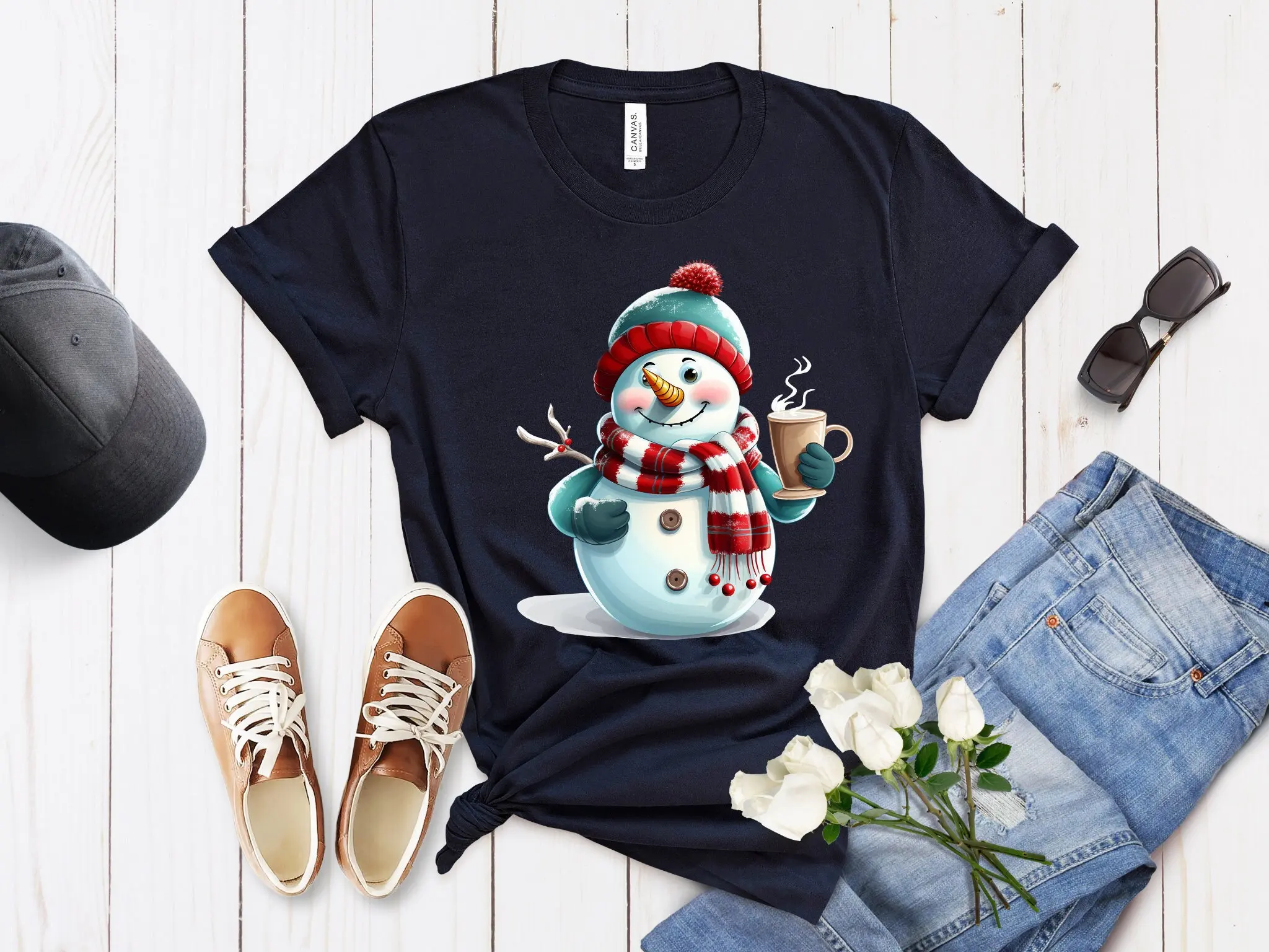 Christmas Snowman T Shirt with Coffee Cup Scarf Hat for DTG Print Holiday Unique GifT Idea