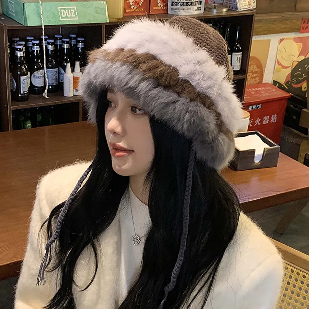 

Rabbit Hair Fur Hat For Women Autumn And Winter Style Thickened And Warm Knitted Hat Cold-Proof Rabbit Hair Fur Hat