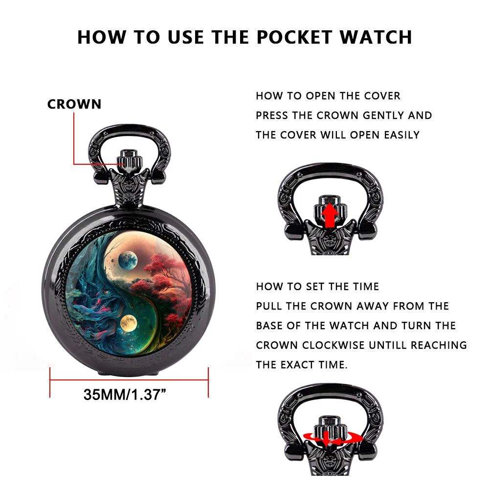 YinYang Orologio da tasca al quarzo nero con cupola in vetro con quadrante con numeri arabi e catena resistente, regalo per uomini e donne