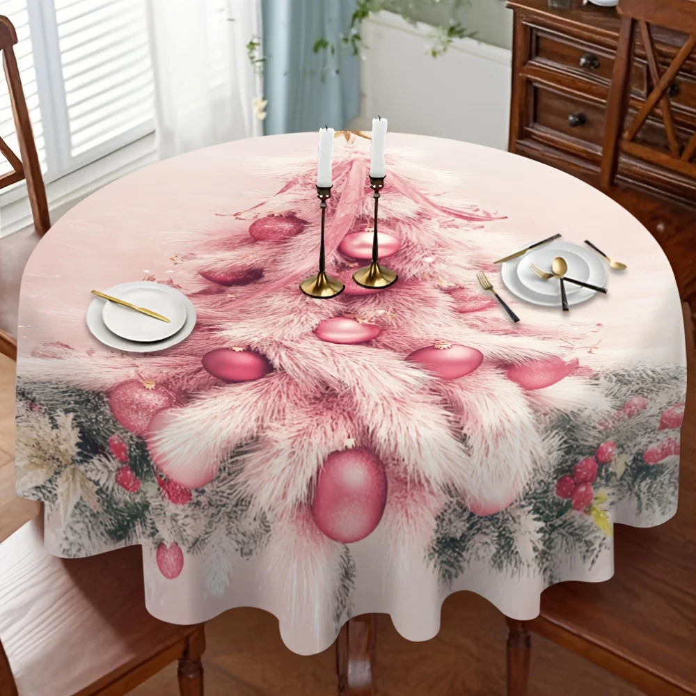 1-Pack 2D printed round tablecloth with pink Christmas tree theme, designed for festive dining