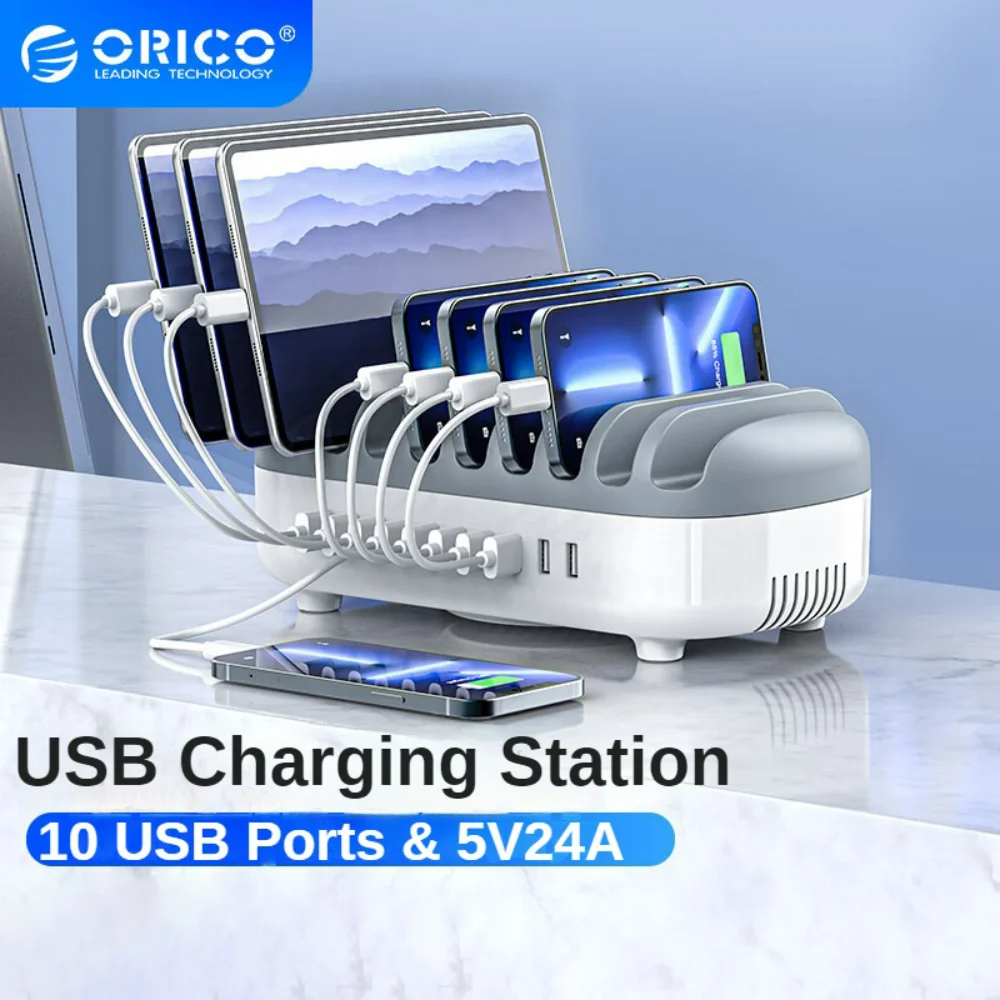 ORICO 10 Ports USB Charging Station Dock 120W 5V 2.4A USB Fast Charger for IPhone Samsung Xiaomi Home Office Bar Tablet