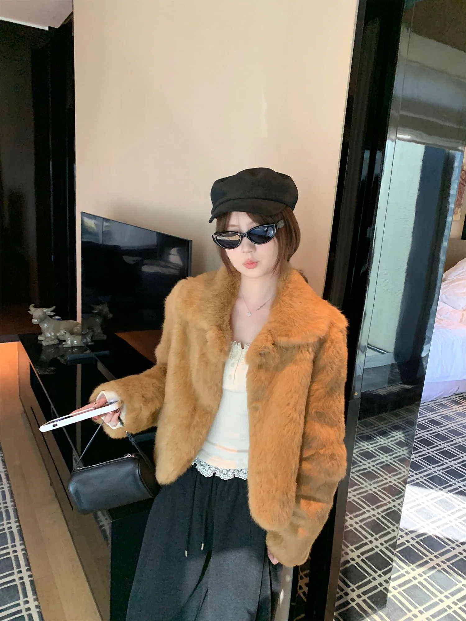 

Теплая куртка из кроличьего меха для девочек, премиум-класса, с текстурой ореховой скорлупы, прямого кроя, с длинными рукавами, отложным воротником, для повседневной носки