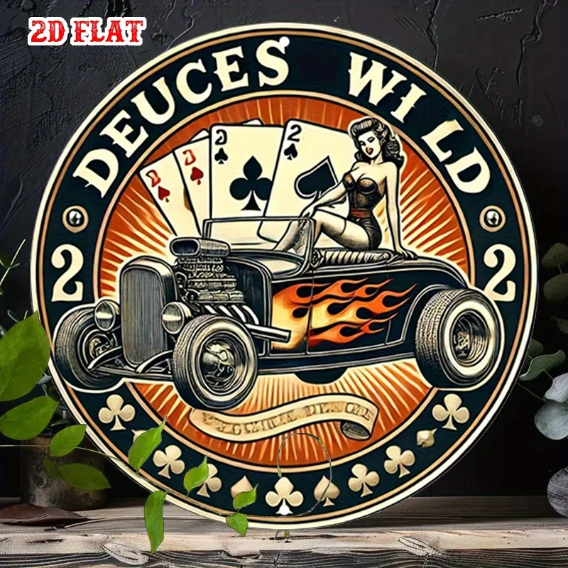 2D Flaches, 1-teiliges Vintage Retro Pin-Up Girl & Flammenwerfer-Auto Aluminium-Metallschild - 7,87 Zoll Rundes Rustikales Wandkunst-Schild mit Ass-Karten