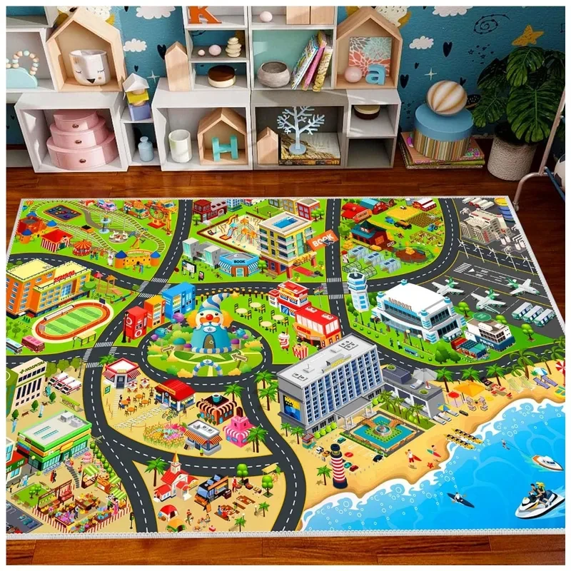 VIKAMA Car Racing Game Rug, Non-Slip Kids Play Mat for Interactive Fun in Playroom, Bedroom & Living Room