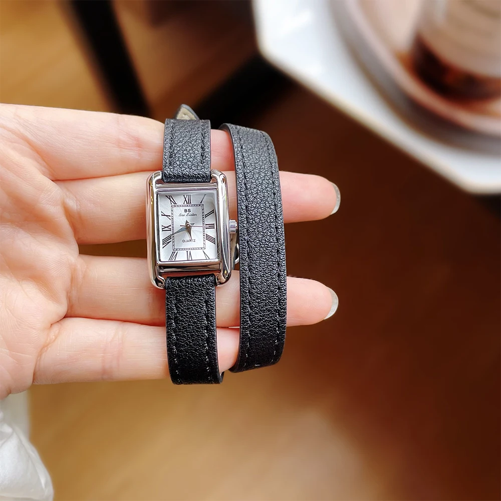 Vintage Light Luxury Ladies Watches Two Circles Belt Simple Square Dial Watch Female Models Ladies Student Watch Authentic Gift