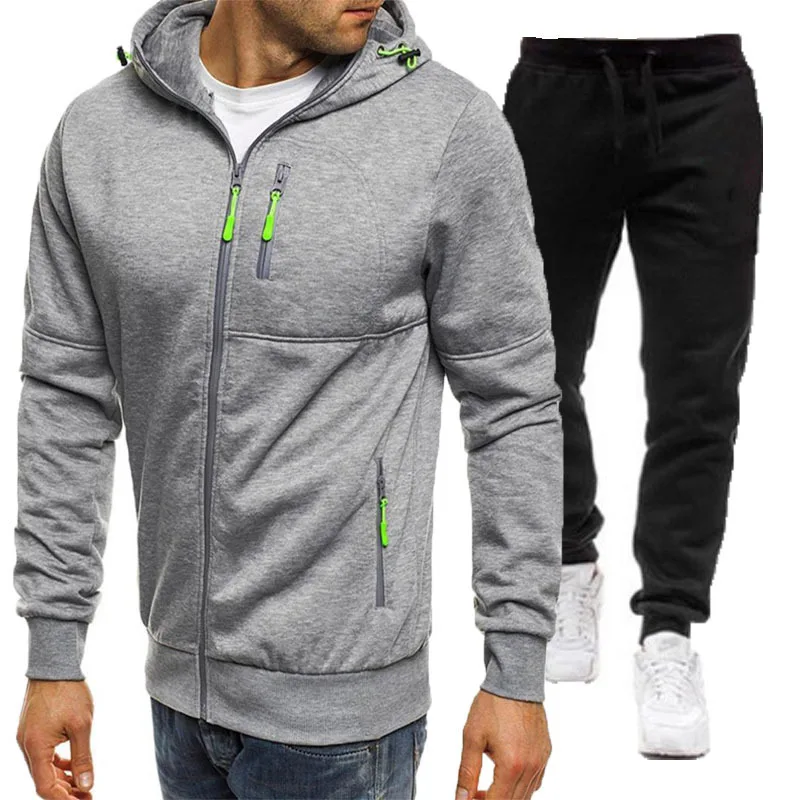 2022 New Men's Hoodie Set Men's Solid Splice Casual Sports Hoodie Sweater Zipper Decoration Cardigan Coat Sports Running Set gym