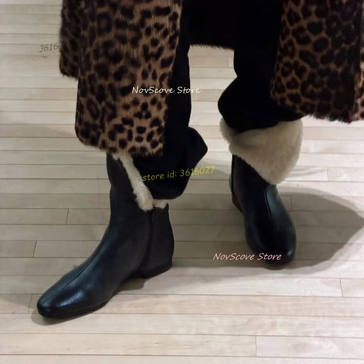 

Black Round Toe Flat Ankle Boots Inner Suede Boots Shaft Fold Sewing Fashion Women Leather Booties Elegant Women Winter Shoes