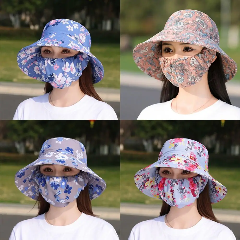 

Fashion Floral Tea Picking Cap Wide Brim Anti-UV Sun Visor Cap with Mask Neck Protection Sunscreen Hat Summer