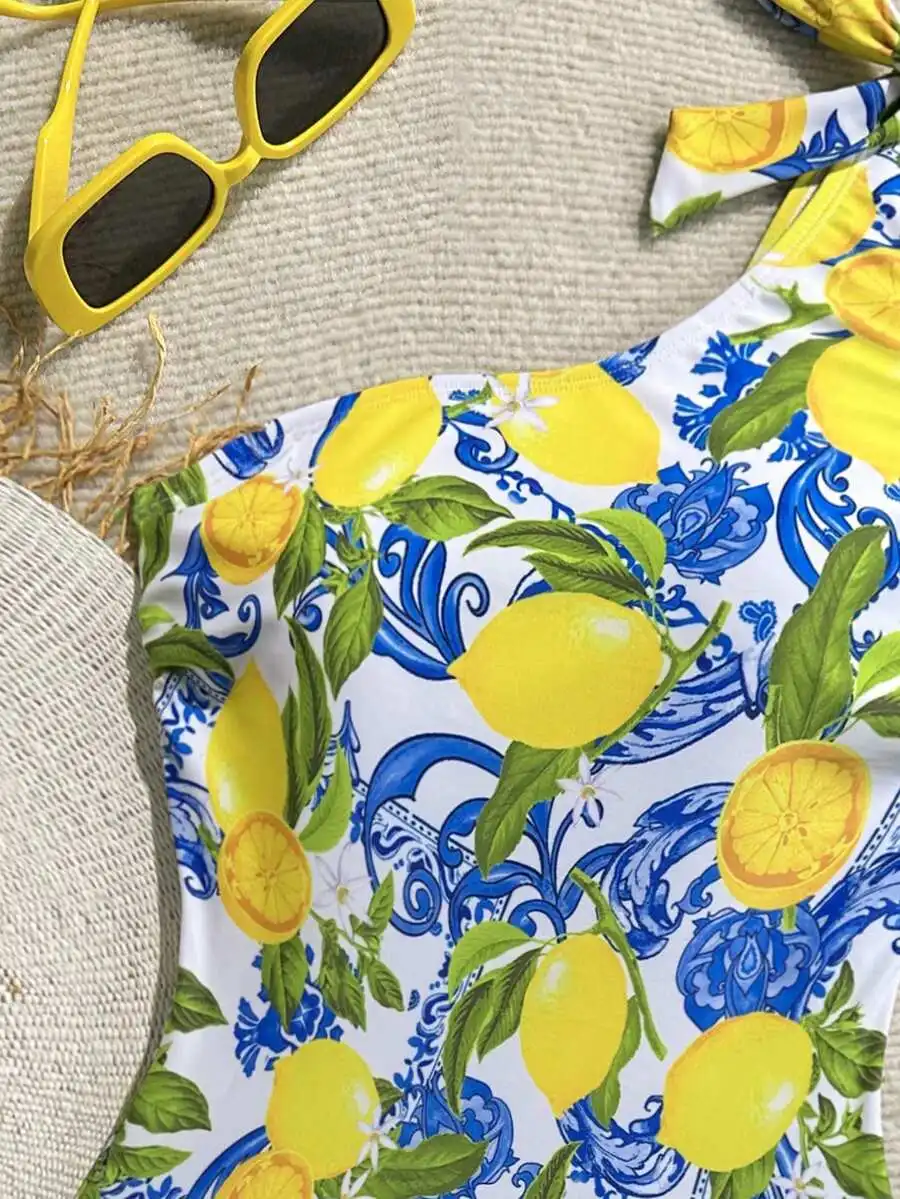 

Women Asymmetrical Shoulder Lemon Print One Piece Swimsuit Summer Casual