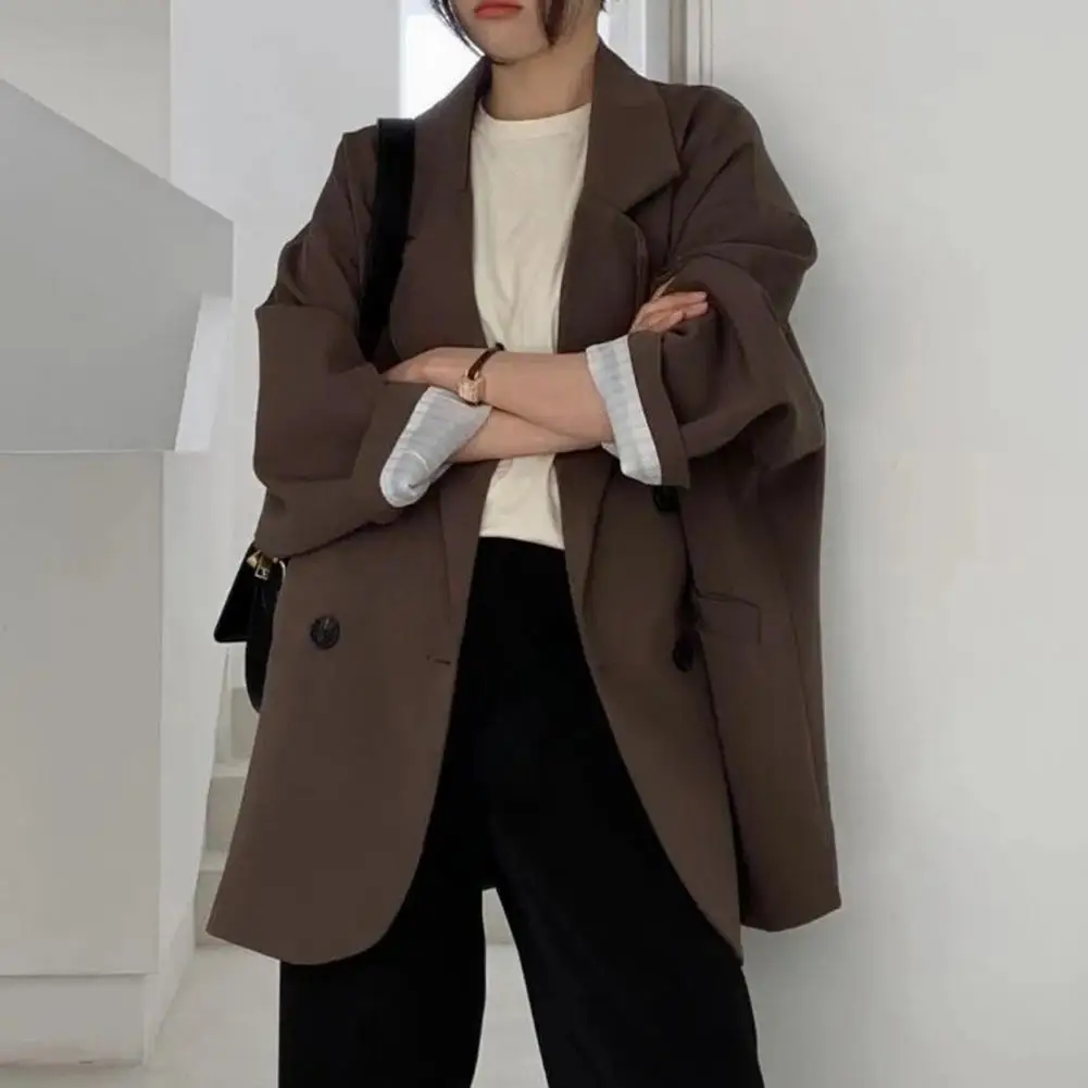 Blazer de negocios con cuello entallado, abrigo coreano de manga larga con bolsillos y doble botonadura, chaqueta de gran tamaño para mujer, chaquetas, abrigo de traje