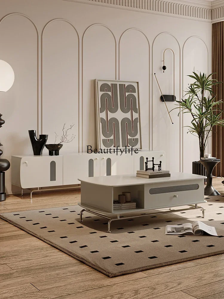 FG26Light-mesa de centro de viento color crema francesa, mueble de TV para sala de estar, almacenamiento para el hogar, mueble de TV de madera maciza