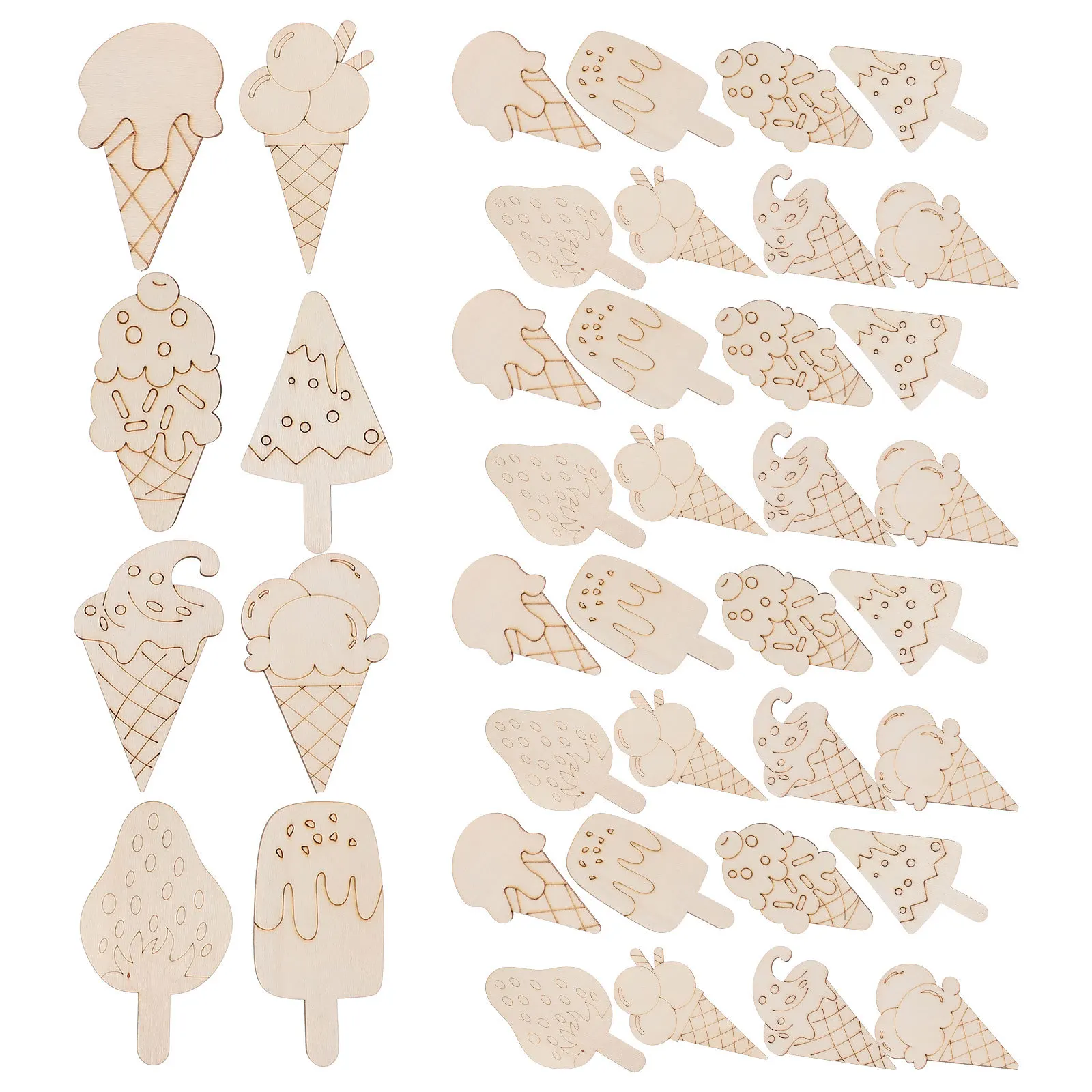 

40Pcs Ice Cream Wood Cutouts Unfinished Wooden Crafts DIY Painting Materials for Kids Birthday Party Decoration Wooden Ornaments