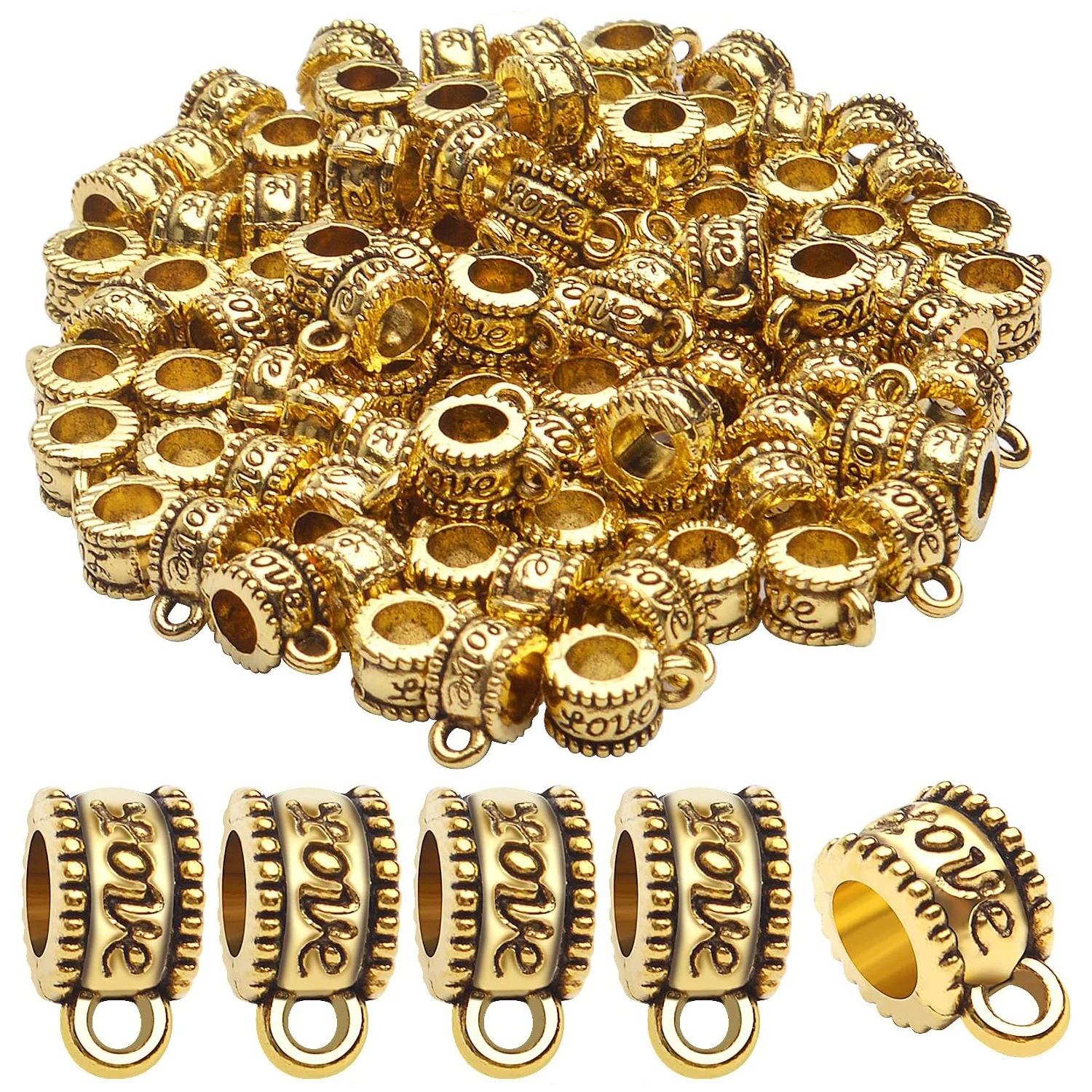 

100pcs Bail Beads Tibetan Alloy Bail Tube Spacer Bead Connector Hanger Beads for Bracelet Necklace Pendant Jewelry Making