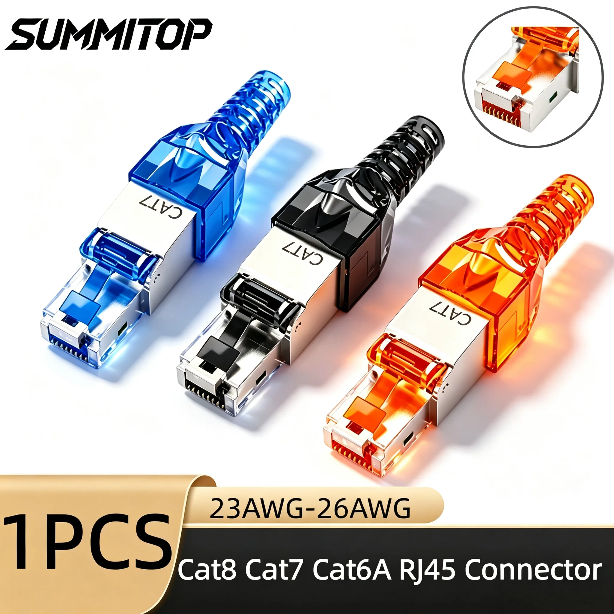SUMMITOP 1PCS RJ45 CAT8 Cat7 CAT6A Connector Tool-Free Termination Plug Reusable Shielded for Ethernet Cables 10/40Gbps