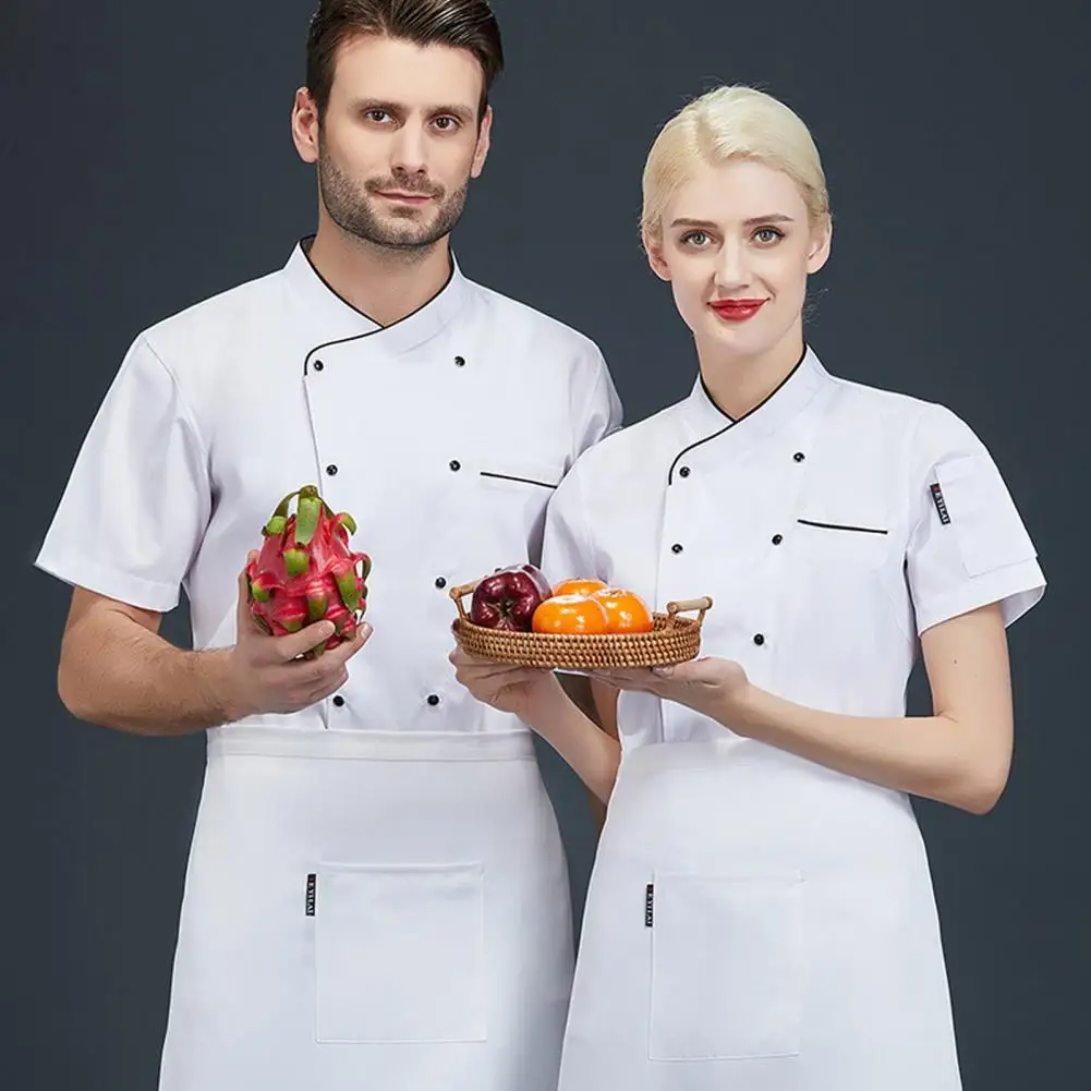 Knoopsluiting Chef-Uniform Stijlvolle Unisex Chef-Koksjassen Voor Restaurant Keukenuniformen Jassen Met Korte Mouwen Met Zakken Voor Hotels