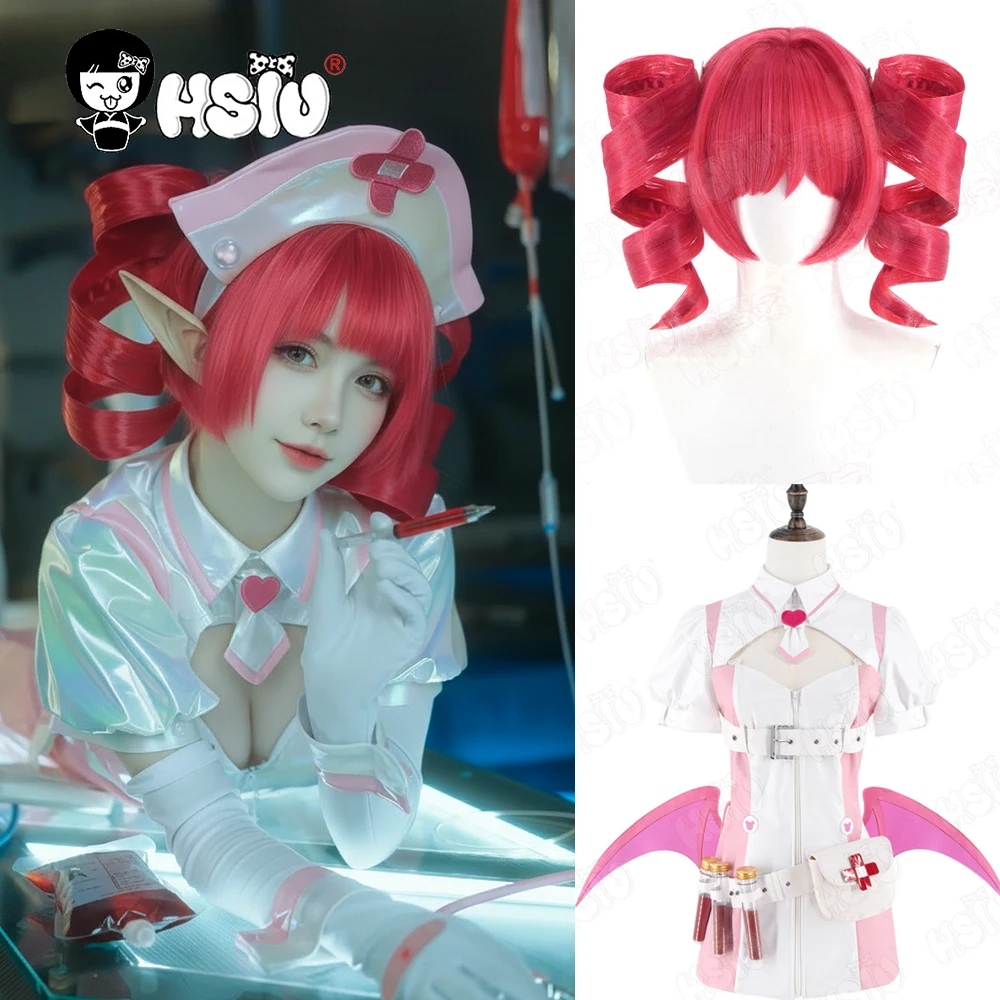 Peluca de disfraz de Buro, peluca de fibra sintética 「HSIU」peluca roja corta, traje de falda de enfermera, juego Muse Dash Night, descenso de sangre, Cosplay