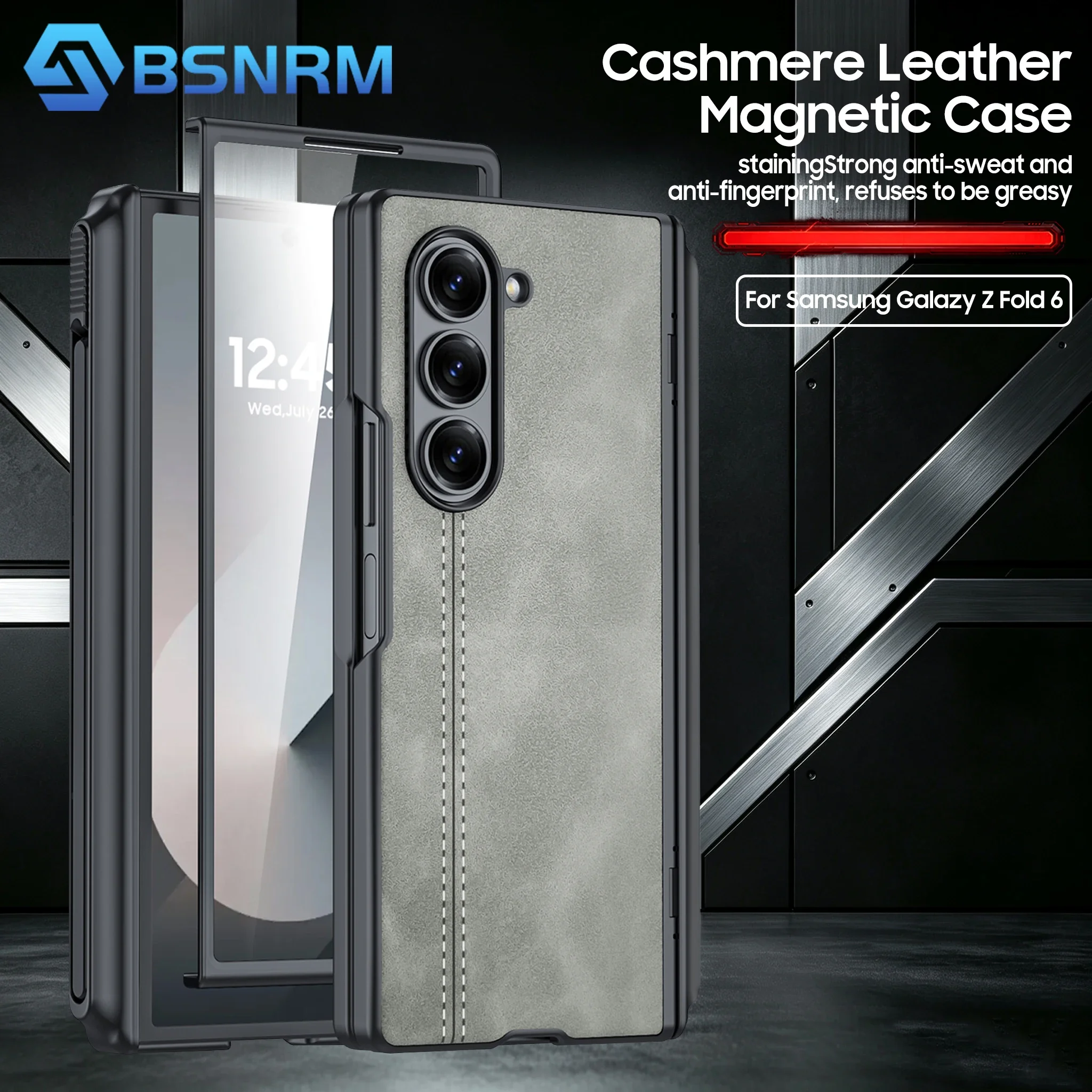 for Samsung Fold 6 Phone Case, with Hinge Protection,S Pen Holder,Screen Protection,PU Leather Matte PC Case-Gray