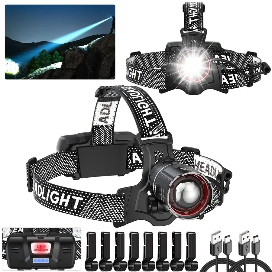 

Перезаряжаемый сверхъяркий налобный фонарь с датчиком движения, 2 шт., 5 режимов, регулируемый зум, 90° регулировка наклона, для головы