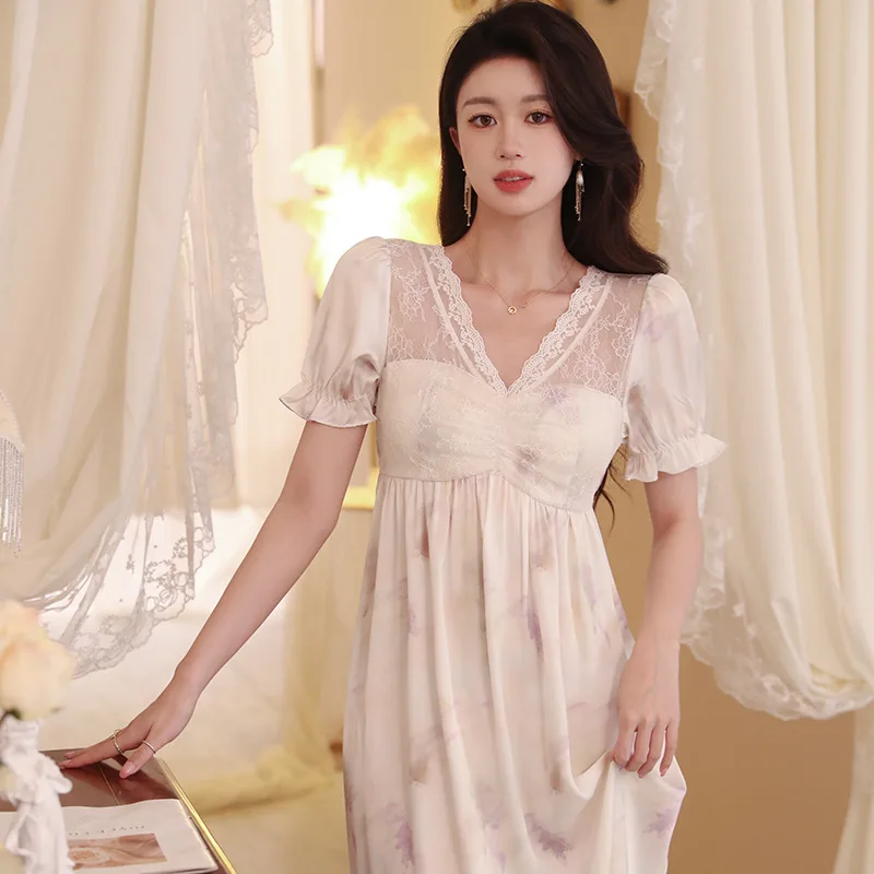 Sexy Mesh V Neck Night Dress Women Summer Ice Silk Nightgown Lace Short Sleeve Nightdress Princess Satin Sleepwear Nightwear