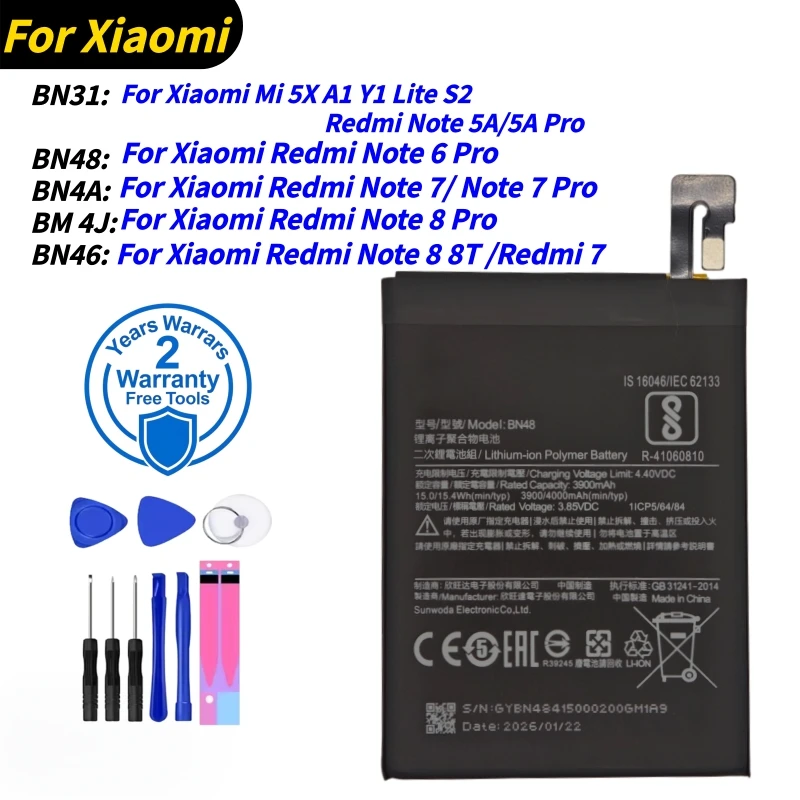 100%New BN31 BN48 BN46 BM4J BN4A Battery For Xiaomi Redmi Note 5A  / 6  / 7  / 8 Pro 8T 7Pro Mi 5X A1 Y1 Lite S2 Phone Battery